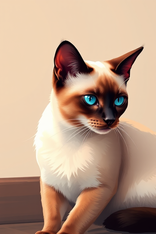 regenerate a detailed illustration of a Siamese cat sitting in a relaxed pose with vibrant colors and smooth shading, camera settings: aperture f/8, shutter speed 1/250, ISO 100, camera view: close-up, camera style: digital painting, camera type: DSLR