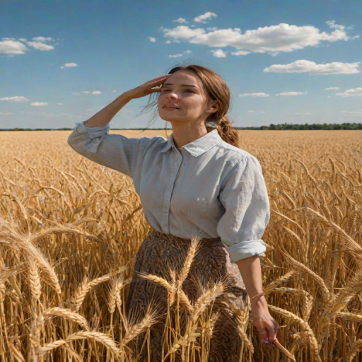 Golden wheat field stretching out under a clear blue sky, a woman walks slowly through the field, her hands brushing the tops of the wheat as she passes.