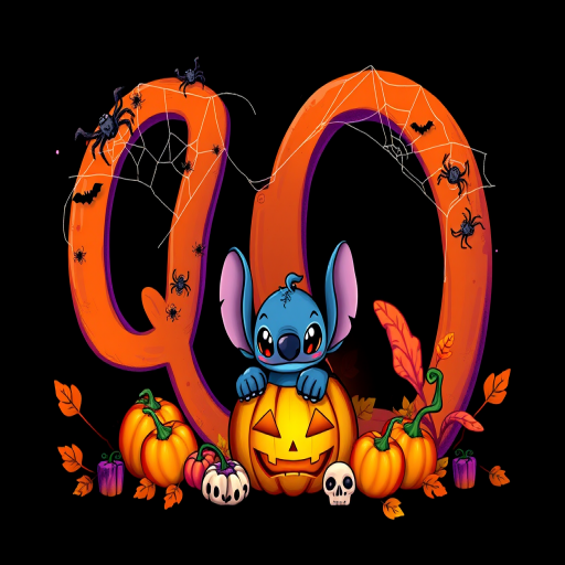 A whimsical and vibrant Halloween-themed digital illustration featuring the letter "Q" adorned with spider webs, small bats, and cute spiders. At the base of the letter, a playful alien character similar to Stitch is peeking out from inside a carved pumpkin with glowing eyes, surrounded by additional pumpkins, a small skull, and autumn leaves. The letter is gradient-colored from orange to purple, adding a magical atmosphere to the scene, black background