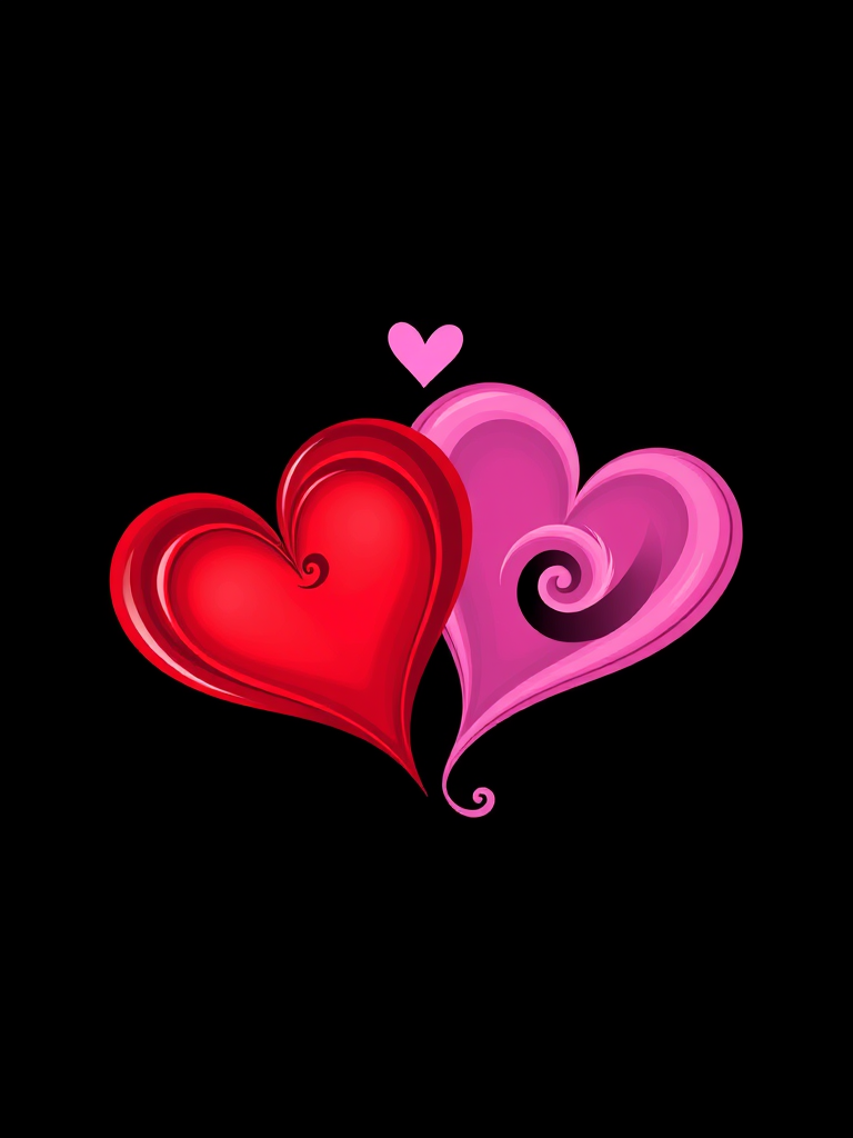 Create a vibrant illustration of two swirled hearts, one red and one pink, set against a black background, using a Canon EOS R5 camera with a 50mm f/1.2 lens at aperture f/2.8, ISO 100, and a soft focus effect.
