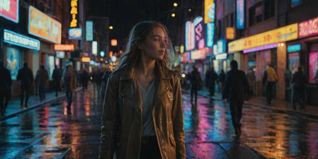 Young woman walking through a bustling city street, neon lights reflecting off wet pavement, the hum of nightlife buzzing around her.
