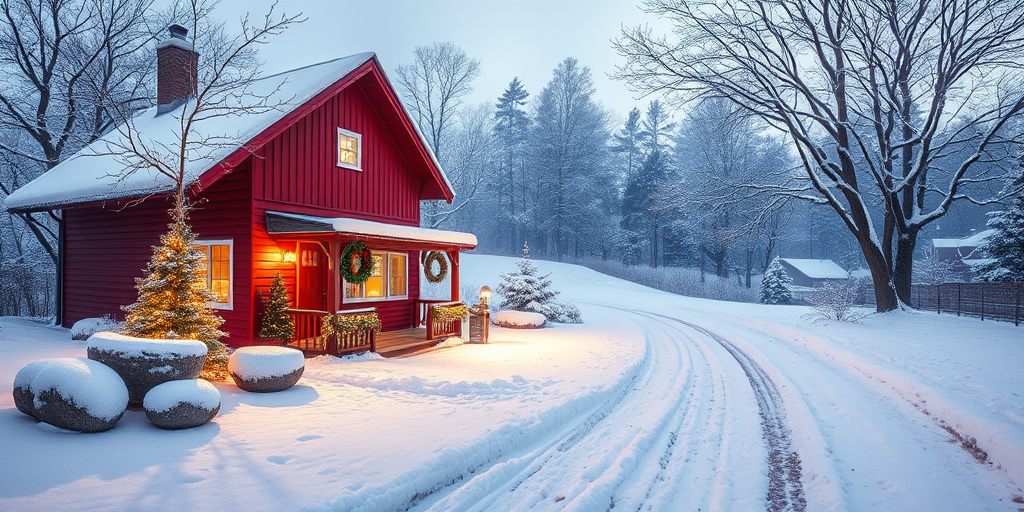 winter scene of a cozy red house adorned with Christmas decorations and snow-covered landscape, soft morning light, wide angle view, Canon EOS R5, f/8, ISO 100, 1/200s, natural light, watercolor style