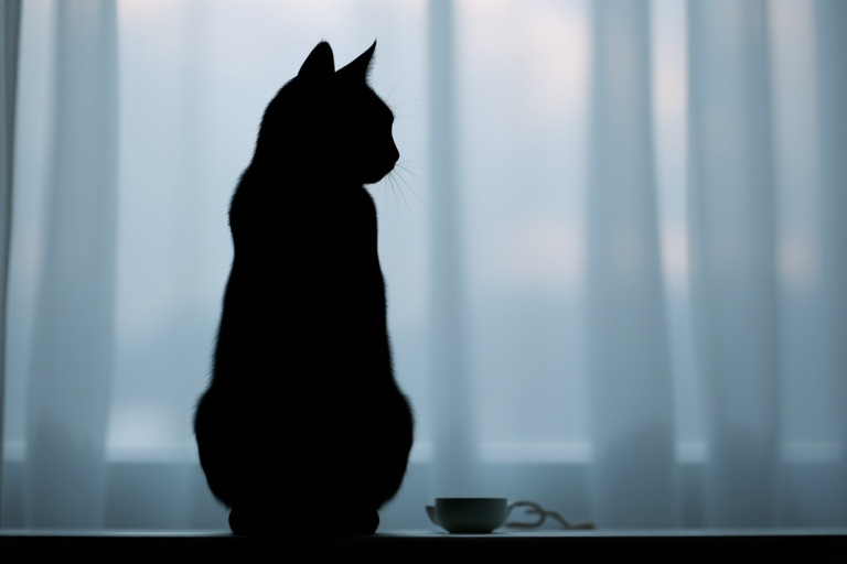 Create a high-resolution image of a stylized black silhouette of a cat sitting upright, captured with a Canon EOS R5, using a 50mm f/1.2 lens, aperture set to f/2.8, ISO 100, with a soft focus background for a dreamy effect.
