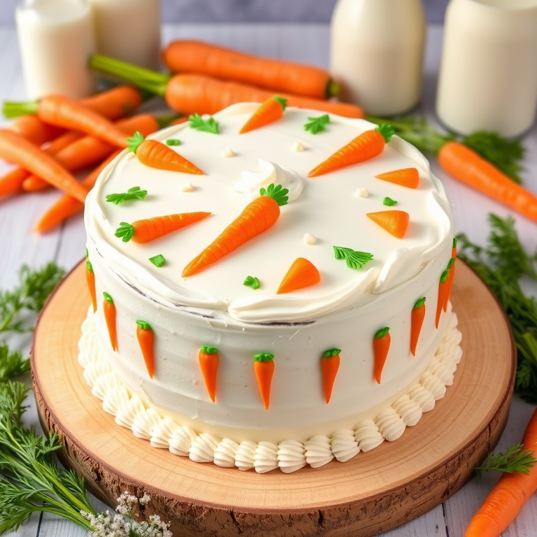 A beautifully decorated carrot cake on a wooden board with orange and green carrot decorations on the white frosting surrounded by fresh carrots and a few bottles of milk in the background.