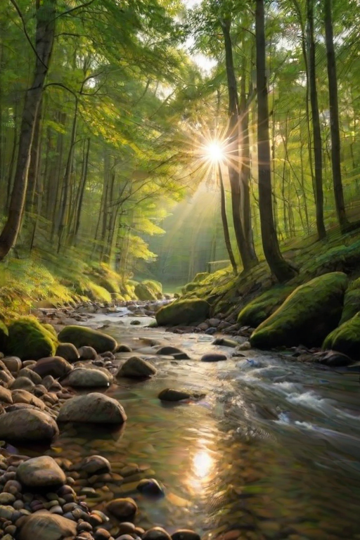 Create an image of a serene, sunlit forest scene with a clear, gently flowing river. Tall trees with lush green foliage line both sides of the river, their leaves bathed in the warm golden light of the setting or rising sun. The sunlight filters through the trees, casting soft, dappled light on the river, which flows over smooth rocks and pebbles, creating a peaceful, natural atmosphere. The sky is bright with a few scattered clouds, and the overall mood is tranquil, evoking a deep sense of connection with nature. The image captures the beauty of a calm, pristine forest landscape at either dawn or dusk.