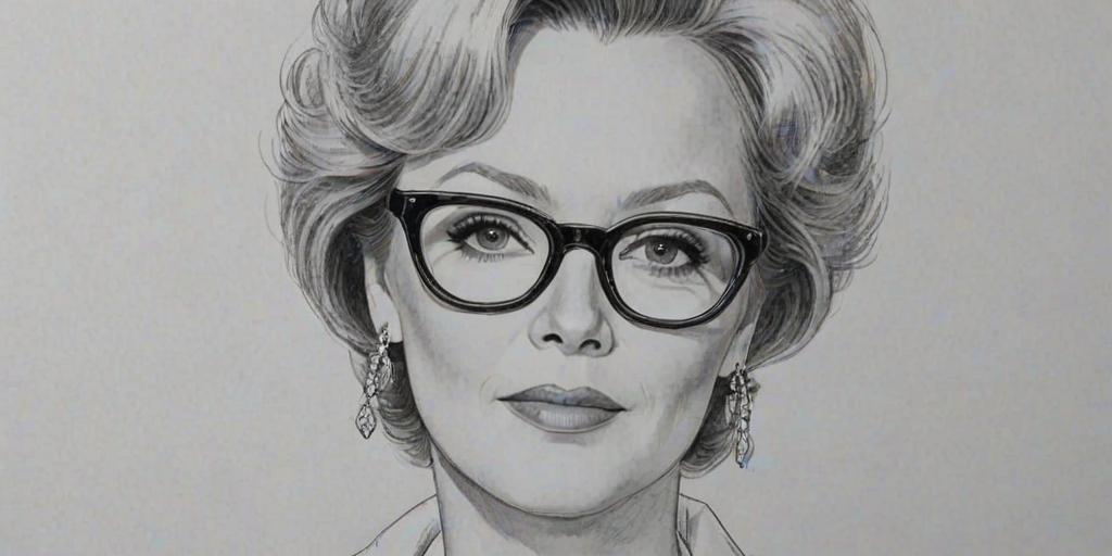 Lovely Jean Smart, pencil sketch, portrait of Dazzling woman 1965s in glasses, hair style beatnik, outline, clear lines, fine lines, 8k