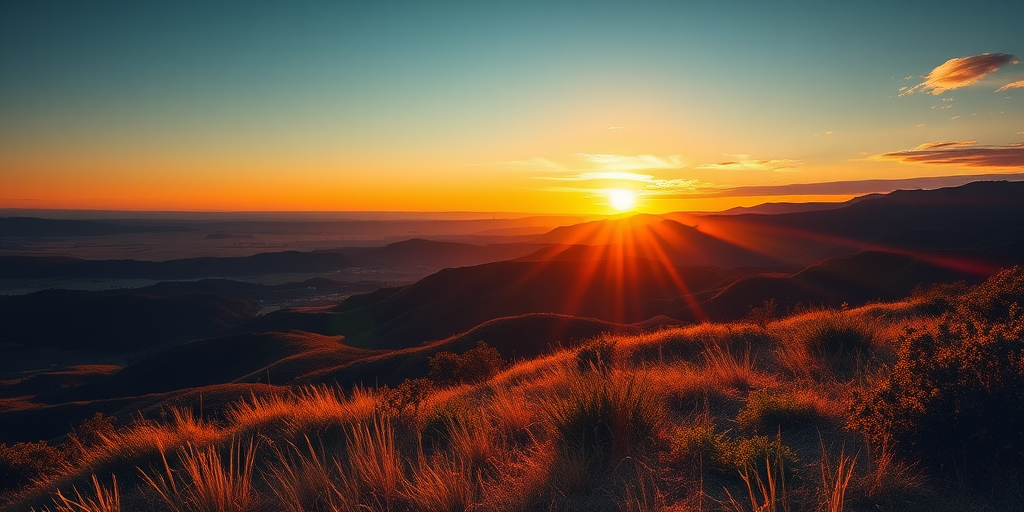 Generate a vibrant landscape scene during golden hour, with soft lighting and dramatic shadows, using a Canon EOS R5, 50mm lens, aperture f/1.8, ISO 100, shutter speed 1/250s, shot from eye level in a wide-angle view.