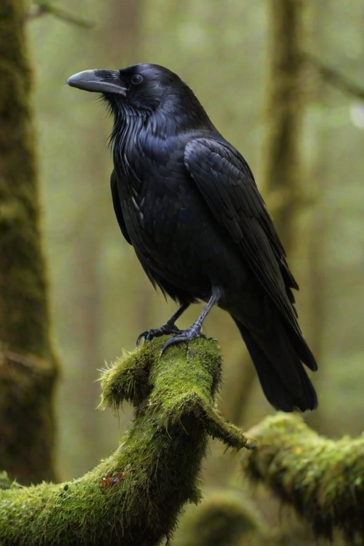 a raven perched on a mossy branch in a soft-focus forest background