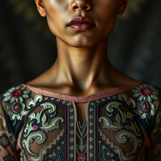 Face, shoulders, chest covered in openwork Malay embroidery. Raw, unedited image.