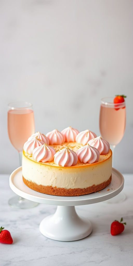 A beautiful cheesecake topped with fluffy pink whipped cream peaks sprinkled with gold flakes served on a white cake stand alongside two elegant champagne glasses filled with a light pink drink garnished with strawberries against a soft gray background.