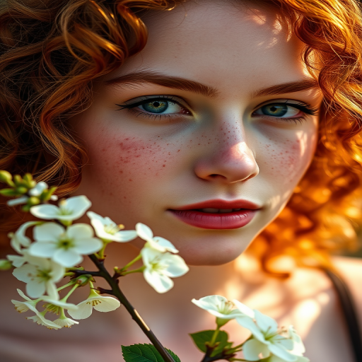 close-up portrait of a young woman with curly red hair, freckles, holding a branch with white flowers, natural lighting, 85mm lens, f/1.8 aperture, ISO 200, shallow depth of field, soft background blur, captured with a DSLR camera.