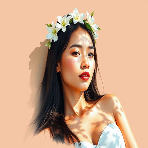 create a watercolor painting of an ethereal portrait of beautiful Malay woman with a simple white flower crown on her head. Her hair is long and she is lying on the ground. The sunlight on the trees casts shadows from the leaves on her face and body. The background is a neutral brown color that matches her skin tone. The image is minimalist and solid colors. This style is characterized by soft, delicate brushstrokes and a light, airy, contrasting color palette. High level of detail and play of light