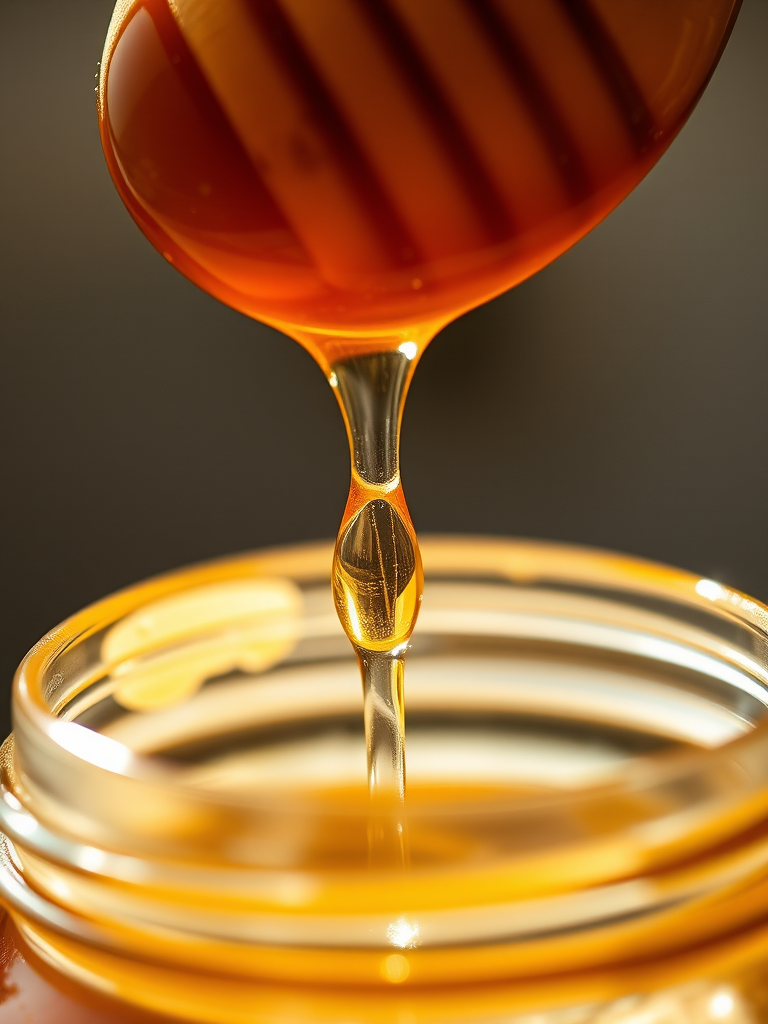 Sharp, high-resolution close-up of a drop of honey slowly dripping from a wooden spoon into a jar, soft sunlight reflecting off the liquid, tiny details of the jar's glass visible, and the smell of sweet honey filling the air.