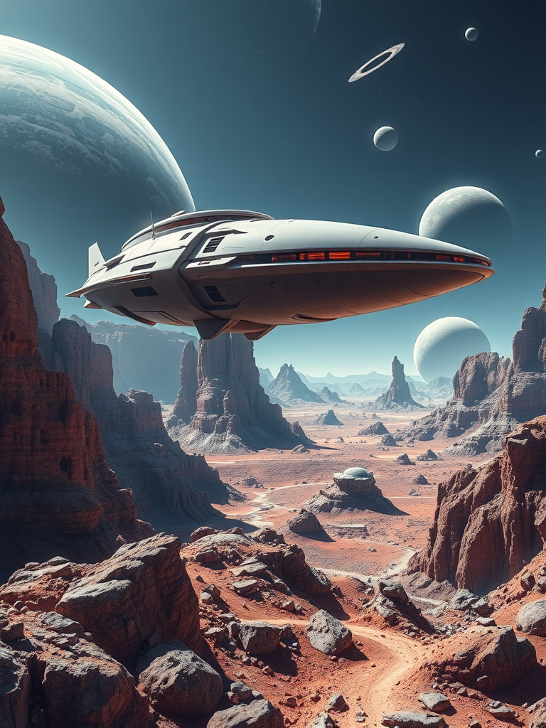 Generate a high-resolution image of a futuristic spaceship hovering over a rocky alien landscape with planets in the background, captured using a DSLR camera with a 24mm lens at f/8, ISO 100, 1/125s shutter speed, in a panoramic view with vibrant colors and high contrast.