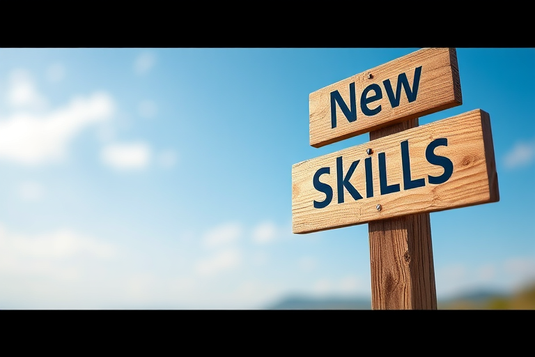 Create an image of a wooden signpost reading "New Skills" with a blurred blue sky background, using a DSLR camera, f/2.8 aperture, 50mm lens, ISO 100, and a shallow depth of field to enhance the focus on the sign.