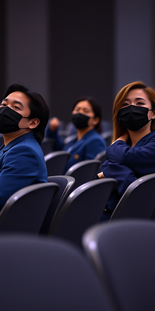 Generate an image of four individuals wearing blue blazers and black masks, sitting back in chairs with relaxed expressions, captured in low light with a shallow depth of field, using a full-frame DSLR camera at ISO 800, aperture f/2.8, shutter speed 1/60s, with a slight tilt for a dynamic view.