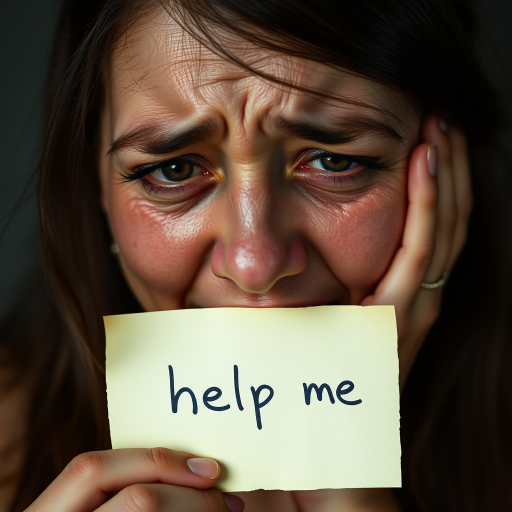 crying woman holding a note which says "help me"