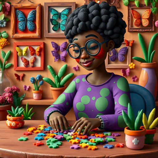 A vibrant and whimsical illustration of an african american woman sitting at a table working on a colorful jigsaw puzzle. she is wearing round glasses, and patterned clothing in shades of purple and green.  The background features an eclectic collection of framed butterflies, potted plants, and other natural elements, creating a warm and inviting atmosphere. The style is playful and modern, with rich textures, intricate details, and a lively color palette.