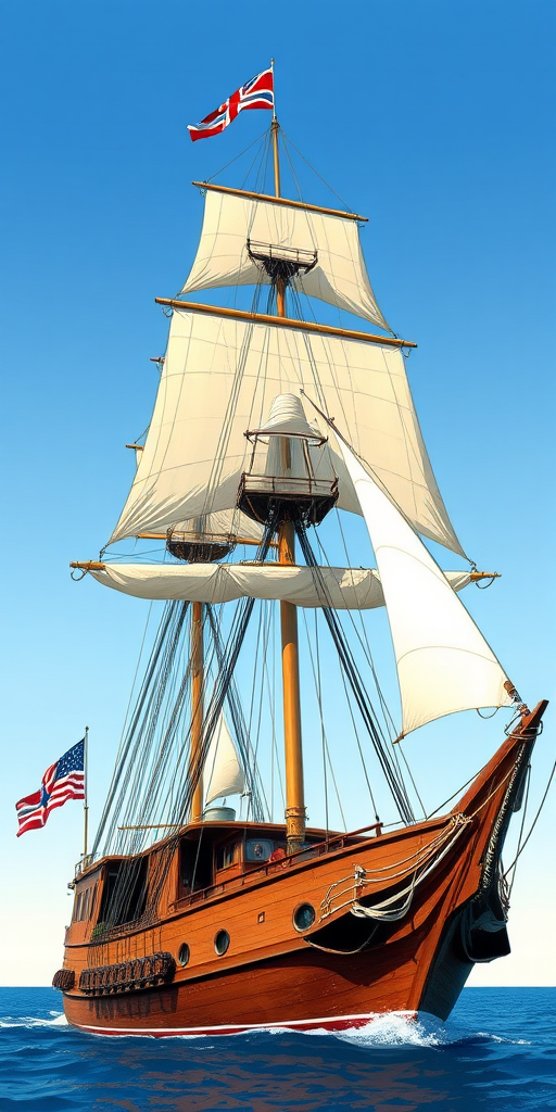 Illustration of a vintage sailing ship with detailed sails and flags, viewed from a low angle with a clear blue sky background, using a digital art style; camera settings: f/11, ISO 100, 1/250 sec, shot with a digital camera type for high resolution and clarity.