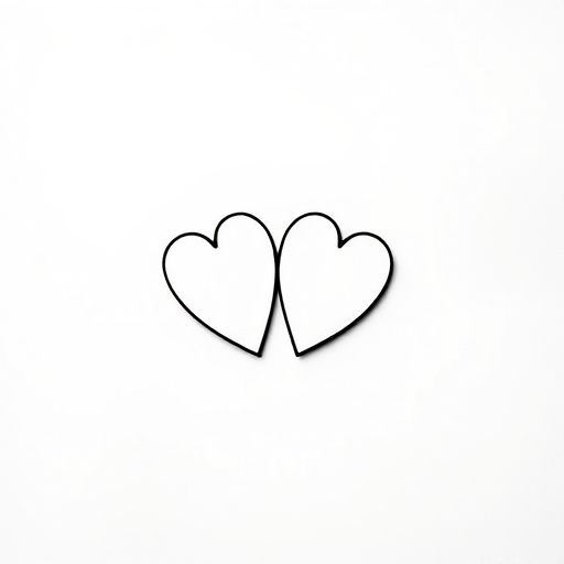 Create a minimalist black and white illustration of two hearts facing each other, captured with a Canon EOS R5 at f/8 aperture, ISO 100, 50mm lens, top-down view, using a flat lay style for high detail and clarity.