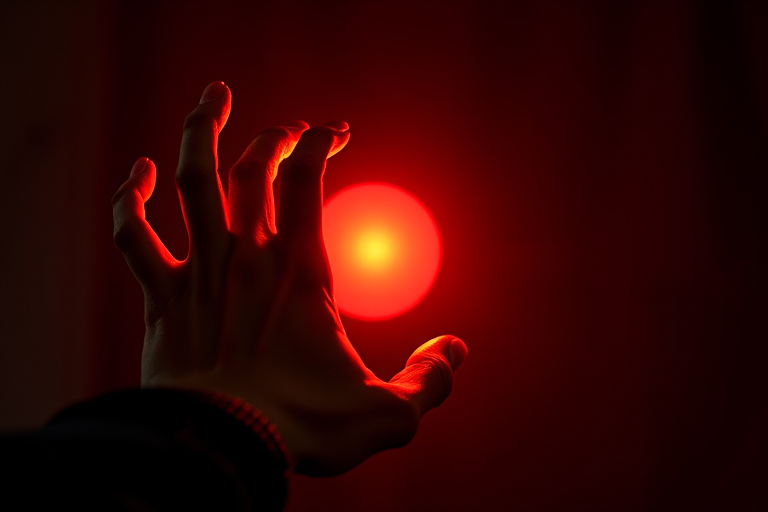 Create a high-resolution digital artwork of a clawed hand reaching toward a glowing red orb, using a Canon EOS R5 camera at f/1.8, ISO 100, 1/200s shutter speed, shot from a close-up view with soft lighting to enhance detail and depth.
