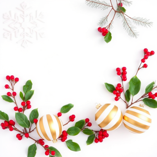 Create a festive holiday scene featuring a white background with decorative elements such as a snowflake pattern in the top left corner and an arrangement of gold and white striped Christmas ornaments along with red berries and green leaves scattered around the ornaments.