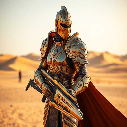 Create an image of a heroic armored figure in a desert landscape, showcasing intricate golden details on the armor, holding a futuristic weapon, shot with a DSLR camera at f/2.8 for shallow depth of field, 50mm lens, natural lighting, side profile view, hyper-realistic style.