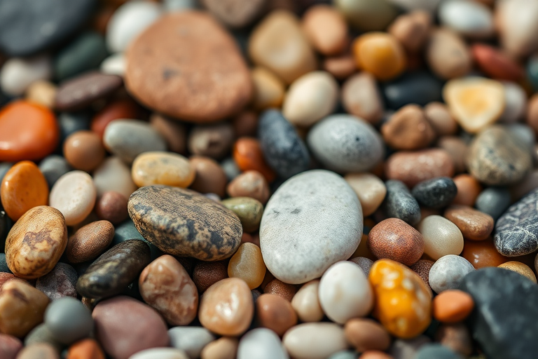 Close-up shot of a variety of colorful pebbles and stones arranged closely together, shallow depth of field, natural lighting, Canon EOS R5, 50mm f/1.2 lens, ISO 100, aperture f/2.8, focus on texture and color vibrancy.