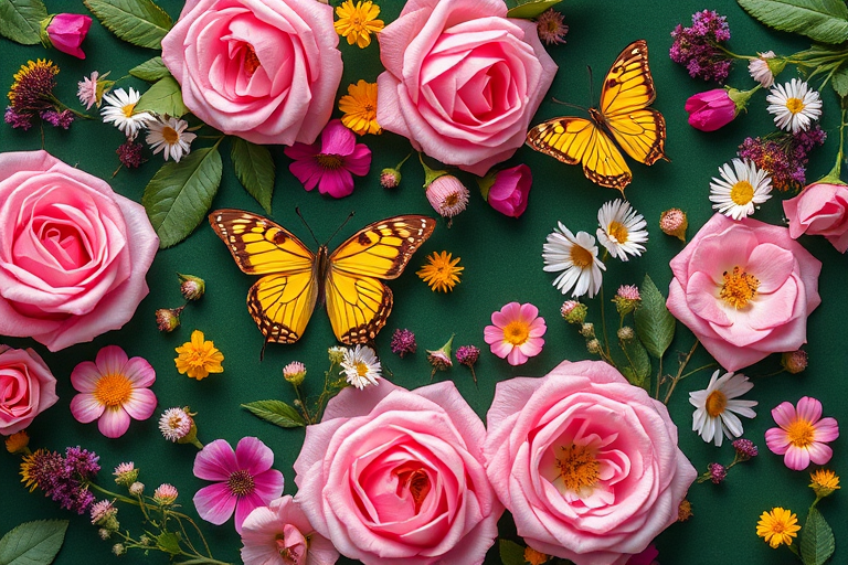 create a vibrant floral pattern with pink roses, yellow butterflies, and assorted flowers on a dark green background, camera type: DSLR, camera settings: f/8, ISO 200, shutter speed 1/125, camera view: overhead, camera style: macro photography