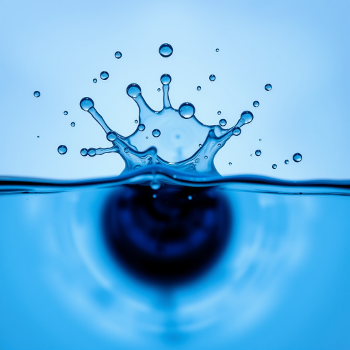 Splash of vibrant blue water droplets against a transparent background, captured with a Canon EOS R5, 50mm f/1.2 lens, f/2.8 aperture, shutter speed 1/250s, ISO 100, top-down view for clarity and sharpness.