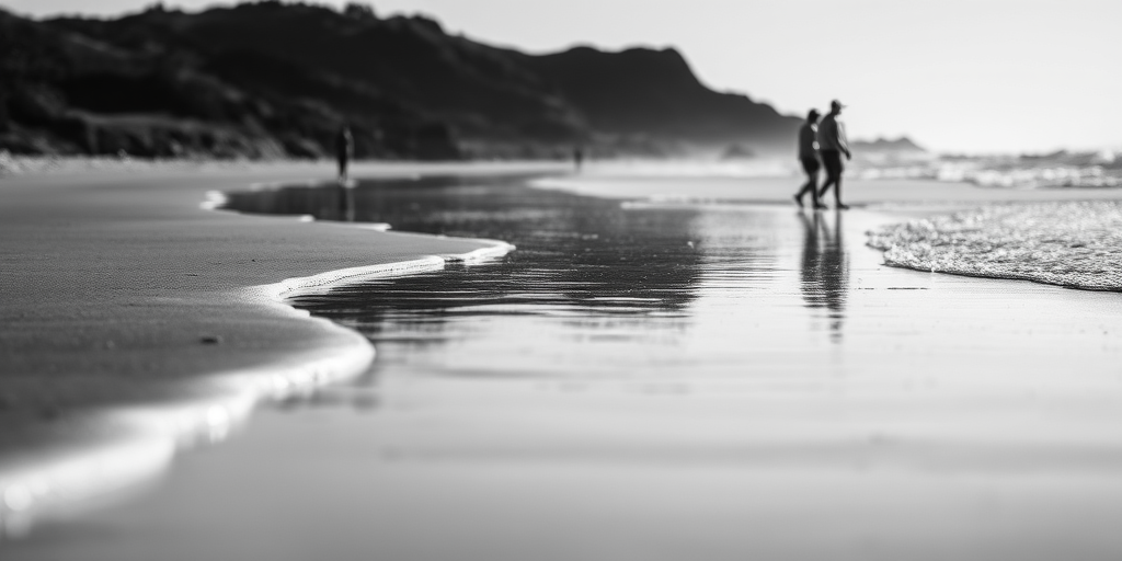 beach scene in black and white with people walking along the shoreline, soft waves lapping at the sand, shallow depth of field, 50mm lens, f/2.8, ISO 200, shutter speed 1/125, taken from a low angle to capture reflections in the wet sand, natural light, DSLR camera