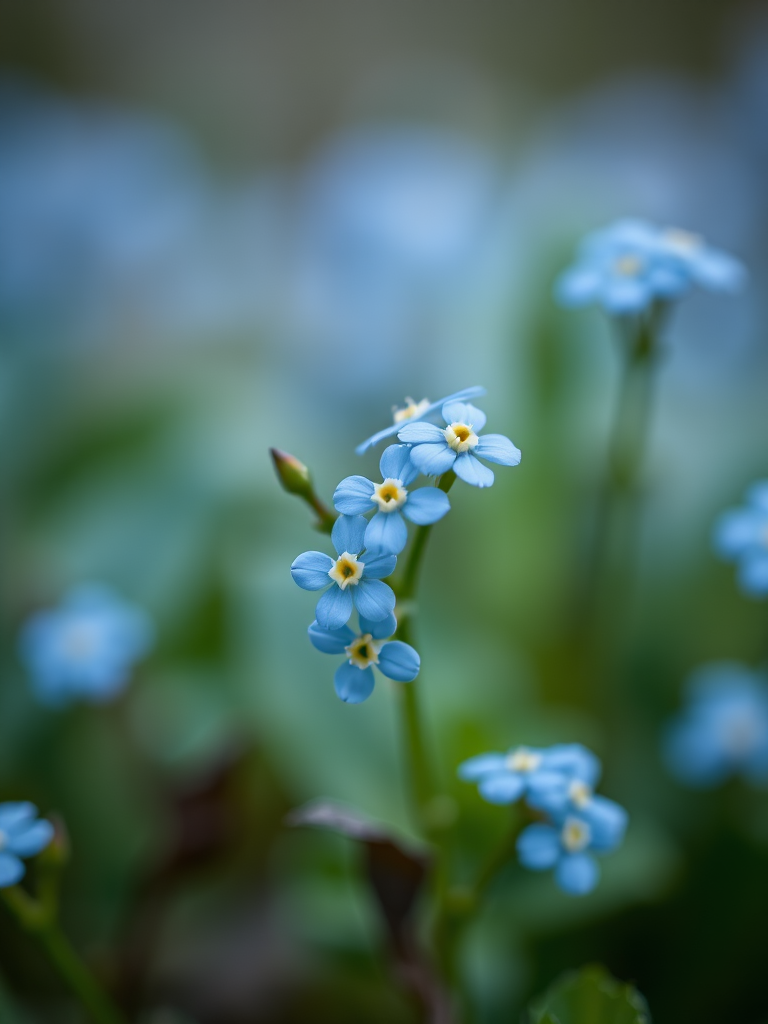 macro shot of delicate blue forget-me-not flowers with soft bokeh background, f/2.8 aperture, ISO 100, 50mm lens, natural light, DSLR camera, shallow depth of field