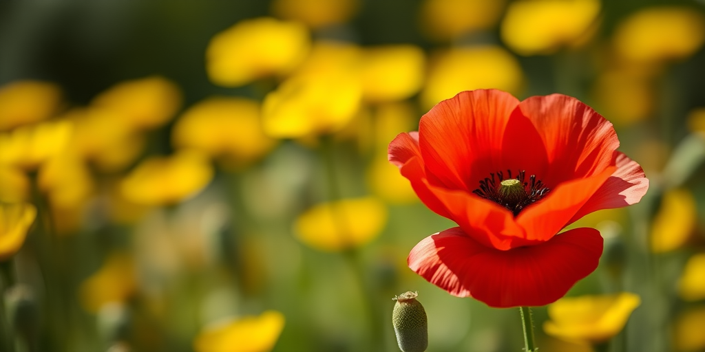 Capture a detailed close-up of a vibrant red poppy surrounded by a blurred field of yellow flowers, using a DSLR camera with a 50mm f/1.8 lens at f/2.8, ISO 100, and a shallow depth of field to create a soft bokeh effect, in natural lighting.