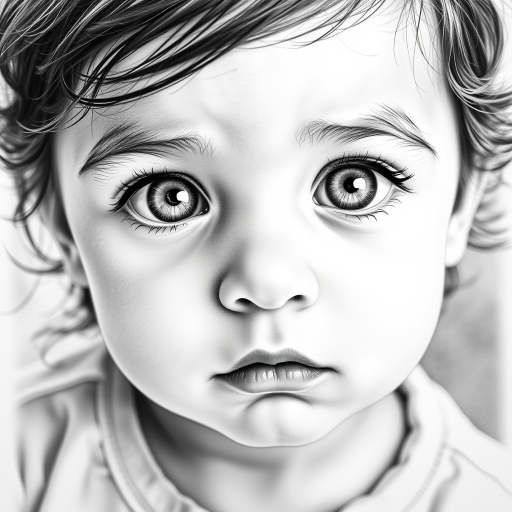 A hyperdetailed photorealistic black and white sketch of a beautiful toddler with deep white eyes, with a macro focus