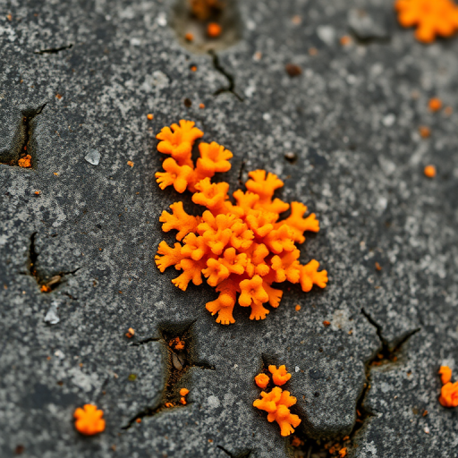 macro shot of vibrant orange lichen on rough grey stone surface, aperture f/8, ISO 100, shutter speed 1/125 sec, full frame camera, natural lighting