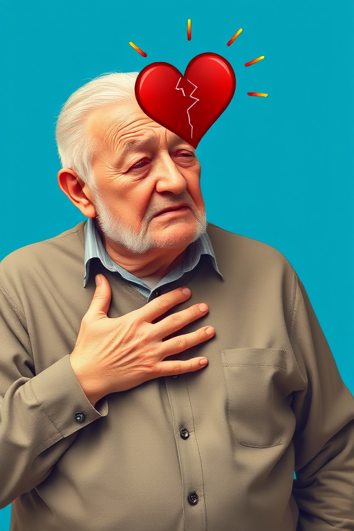 Generate an illustration of an elderly man clutching his chest with a pained expression, a broken heart symbol above him, bright blue background, shot with a Canon EOS 5D Mark IV at f/4, ISO 100, 50mm lens for sharp focus and vibrant colors.