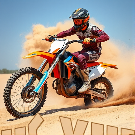 A motocross rider in action on a dirt bike, kicking up sand and dust in a dynamic pose, shot with a Canon EOS R5, 1/1000s shutter speed, f/4 aperture, ISO 200, from a low angle using a wide-angle lens to capture motion and enhance depth.