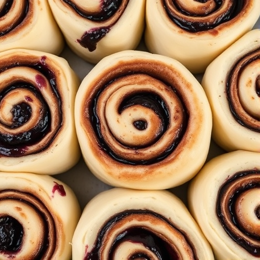 A close-up view of freshly made cinnamon rolls with a swirl of dark berry filling on a baking tray, displaying soft dough and glossy filling, shot from above with a focus on the spiral pattern and textures of the rolls.