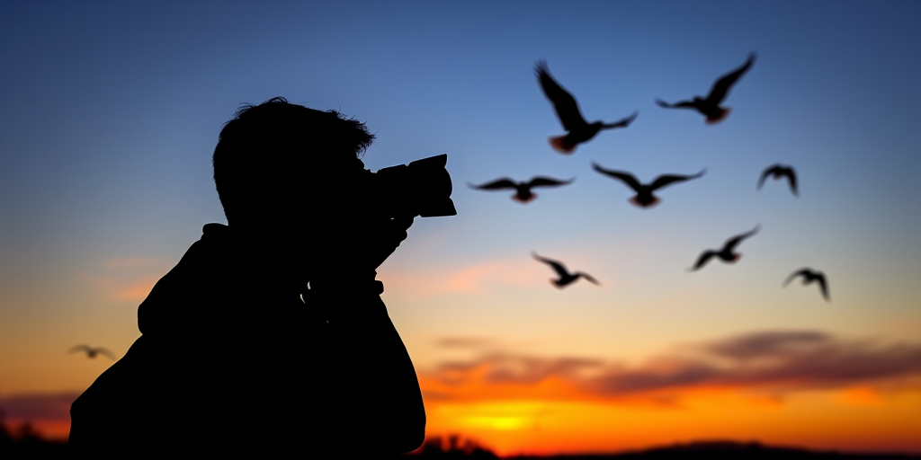 Create a silhouette of a photographer capturing birds in flight against a sunset background, using a DSLR camera with a 50mm lens, f/2.8 aperture, 1/500 shutter speed, in landscape orientation for vibrant colors and sharp details.