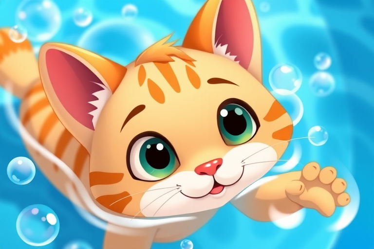 Create a vibrant illustration of a cute cartoon cat swimming in a sparkling blue pool, with large expressive eyes and playful bubbles around it, shot with a Canon EOS R5 at f/2.8, ISO 100, 50mm lens, shallow depth of field for enhanced clarity and focus on the cat.