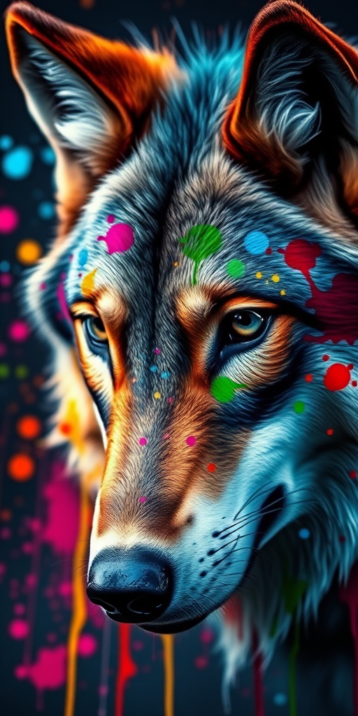 A colorful artistic representation of a wolf's head with splashes of paint in vibrant hues, captured using a DSLR camera, with a 50mm lens, f/2.8 aperture, ISO 100, and a shallow depth of field to enhance color contrast and detail.
