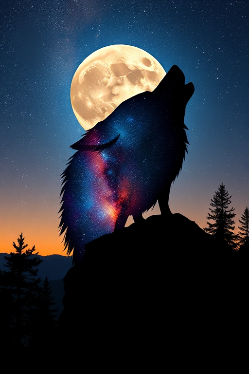 Create a silhouette of a wolf's head filled with a vibrant night sky galaxy, featuring a full moon and a howling wolf on a cliff, surrounded by pine trees; shot with a DSLR camera at f/2.8, ISO 400, 50mm lens, sunset lighting, using a wide-angle view for depth.