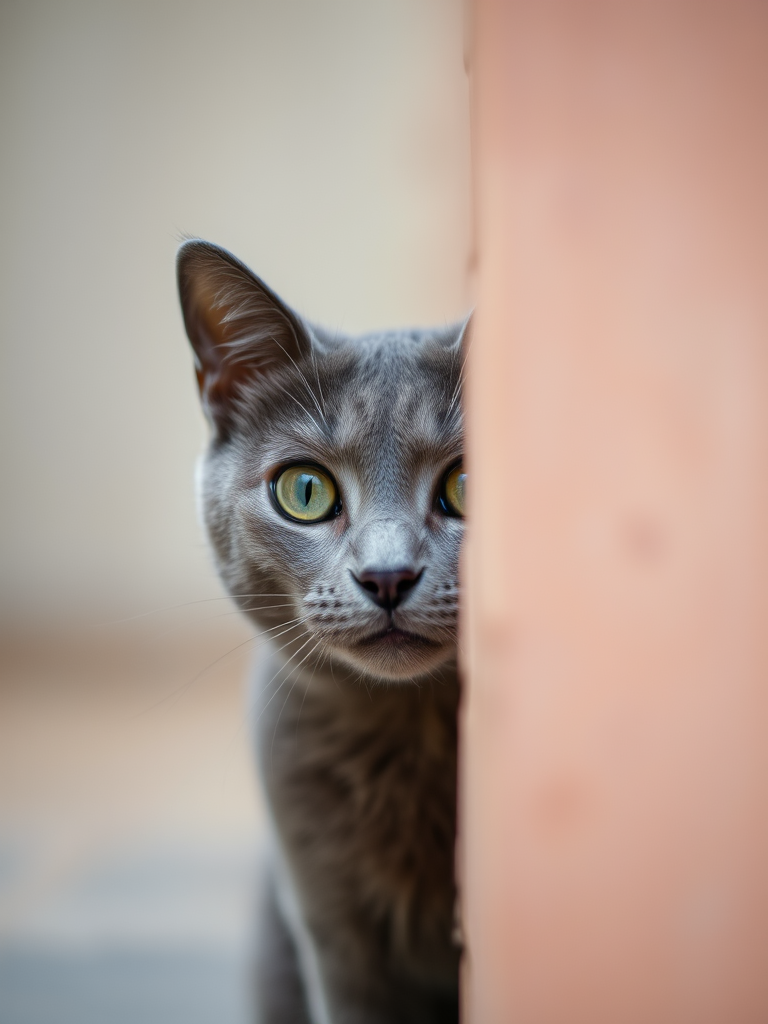 portrait of a gray cat peeking from behind a wall, soft focus background, natural light, 50mm lens, f/1.8 aperture, ISO 200, shallow depth of field, DSLR camera