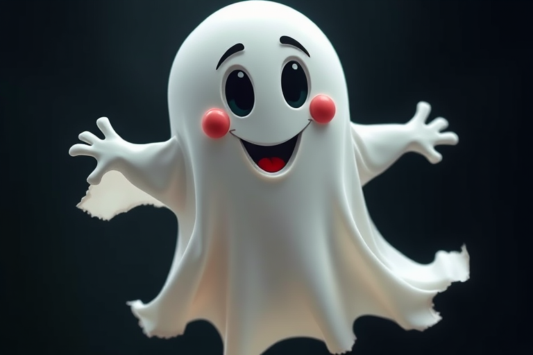 Create a playful cartoon ghost with flowing, tattered edges and a joyful expression, captured with a DSLR camera, mid-shot, f/2.8, ISO 100, 1/200 sec, in bright, vibrant colors for a whimsical feel.