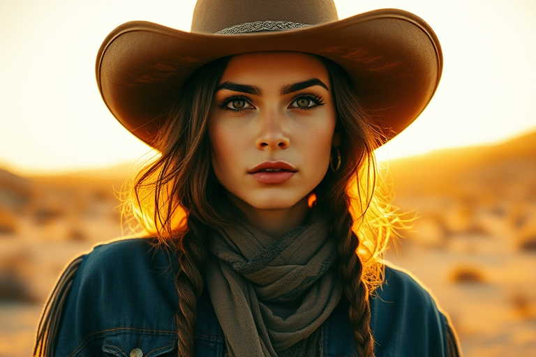 Dramatic photo of a beautiful Mestizo woman, classic cowboy attire, confident and free spirit expression, half-length portrait, centered, golden hour desert landscape, warm, diffused light, low angle, medium format film camera, in style of Annie Leibovitz.