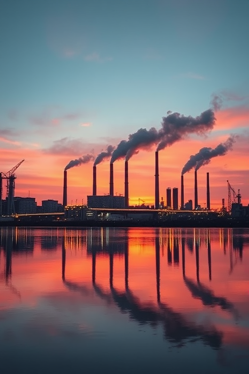 industrial skyline at sunset with billowing smoke stacks and reflections on water, shot with a Canon EOS R5, 24mm lens, f/8 aperture, ISO 100, 1/200 shutter speed, wide-angle view, high dynamic range for enhanced details and colors