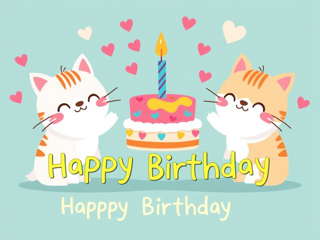 Cute cartoon cats celebrating a birthday with a colorful cake that has a candle on top surrounded by hearts and the text Happy Birthday in a playful font.
