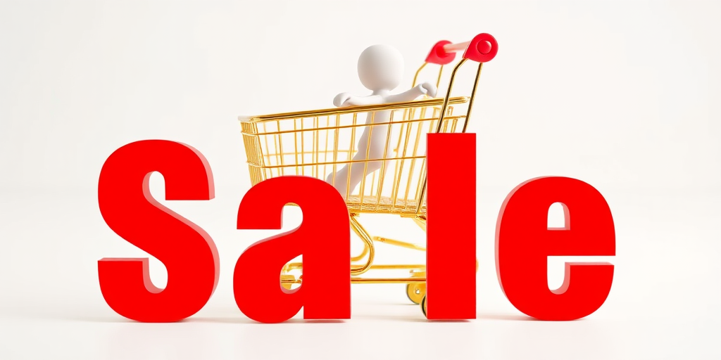 Generate an image of a gold shopping cart with a small white figure standing inside it, large bold text saying "Sale" in bright red in front, captured with a DSLR camera at f/2.8, ISO 100, 1/250s, using a shallow depth of field and a slight tilt-up angle.