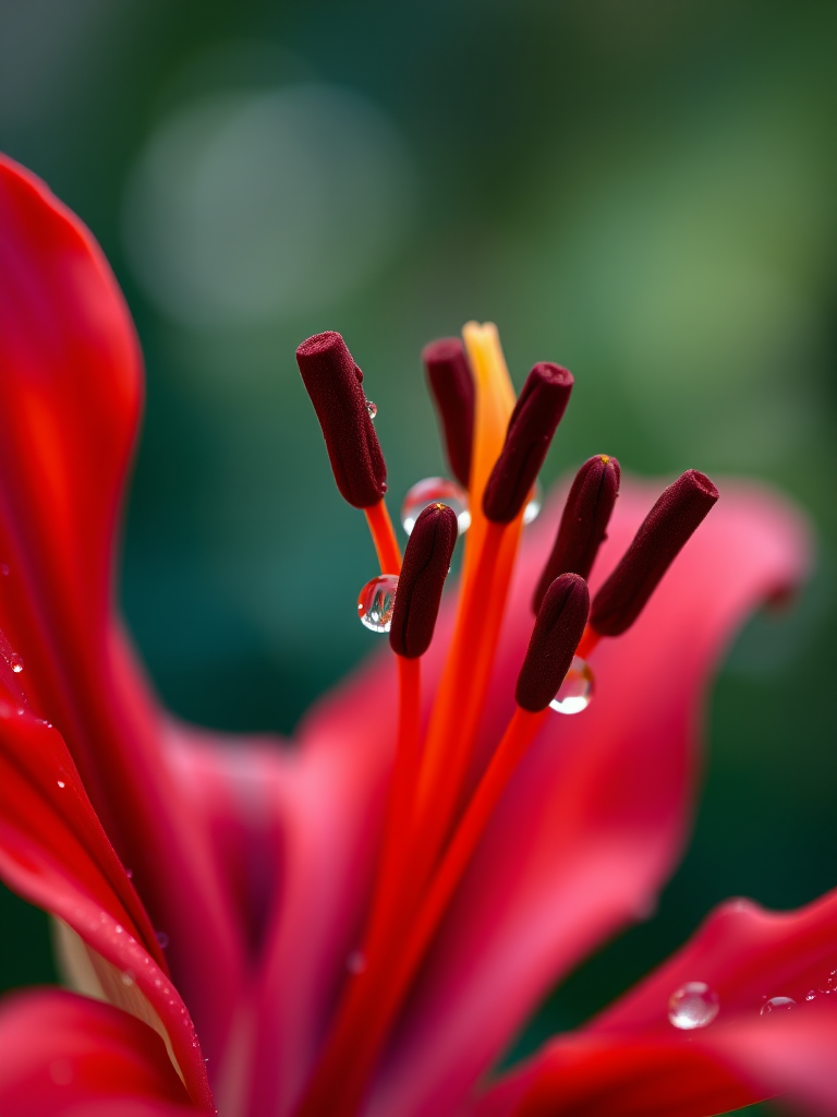 close-up of a vibrant red lily flower with dew droplets, soft bokeh background, shot with a Canon EOS R5, 85mm f/1.2 lens, aperture f/2.8, ISO 100, shutter speed 1/200 sec, natural light, macro photography style