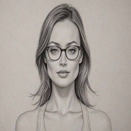 Resplendent Olivia Wilde, pencil sketch, portrait of Alluring woman 1957s in glasses, hair style beatnik, outline, clear lines, fine lines, 8k